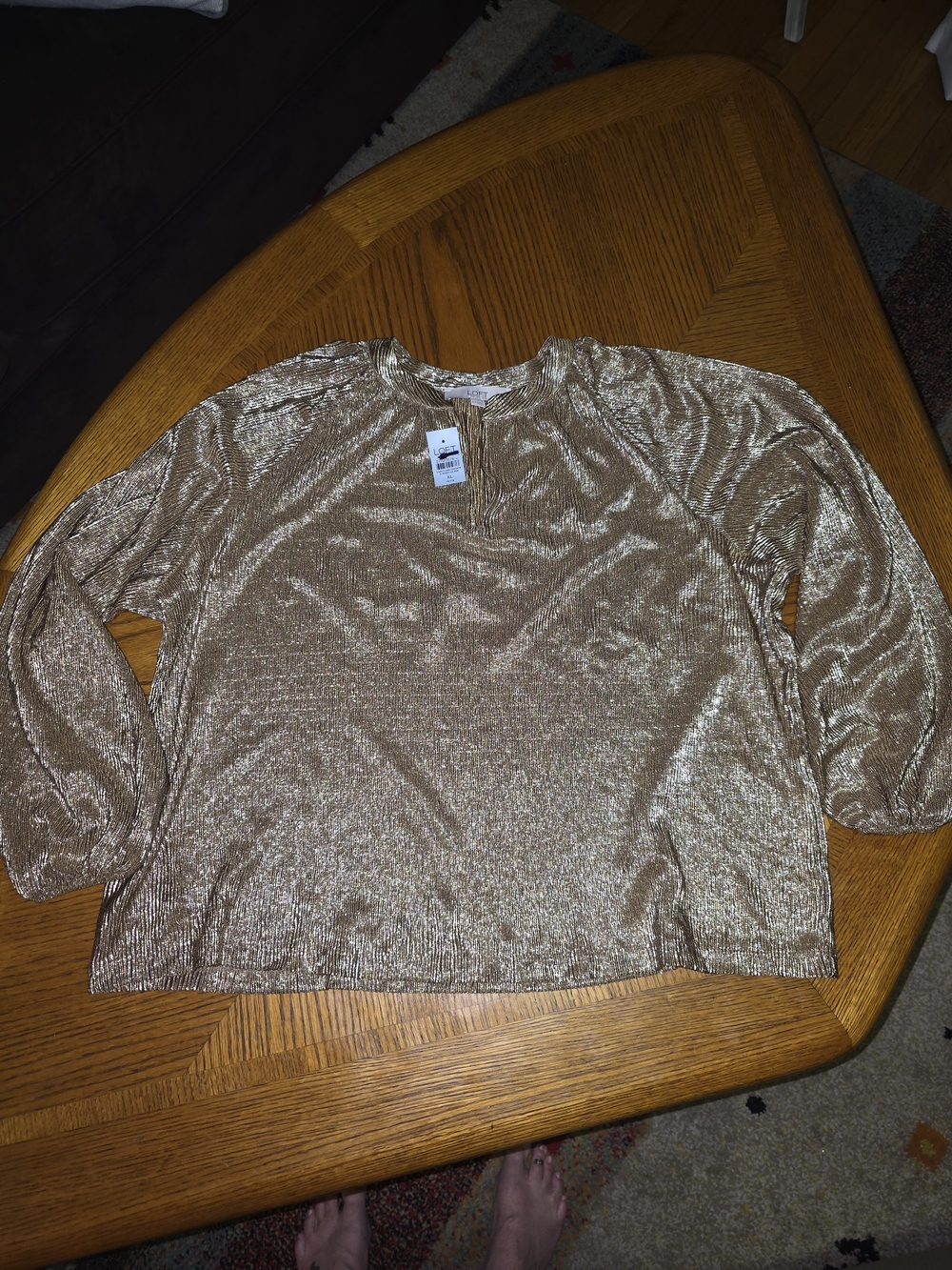 LOFT Gold Metallic Keyhole Pleated Blouse - Picture 2 of 3